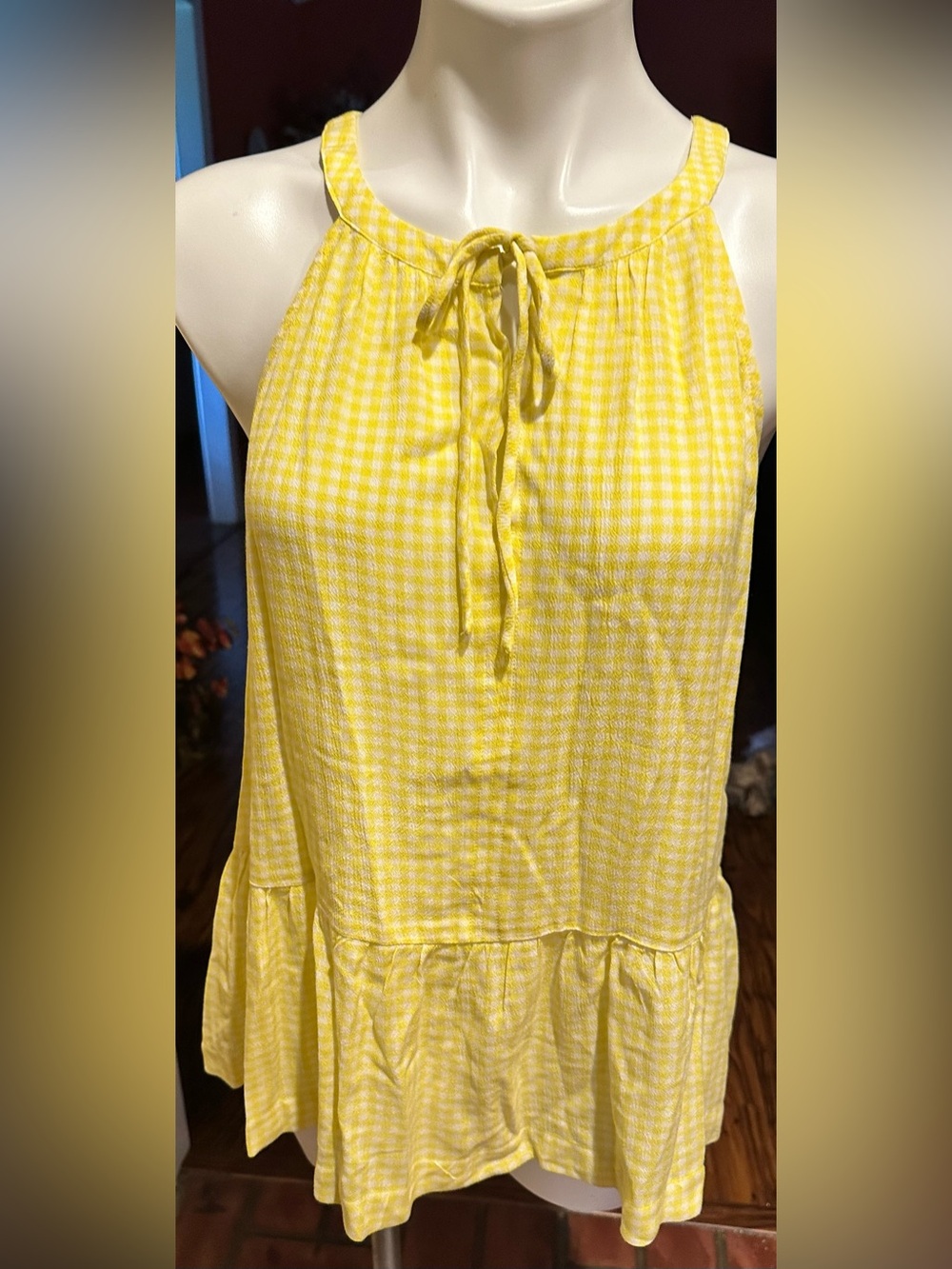 NWT Loft Yellow Gingham Tie-Neck Women's Top Sz L